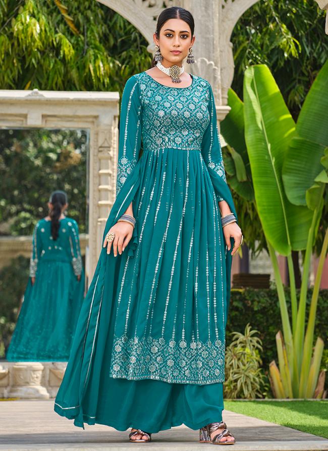 Faux Georgette  Sky Blue Festival Wear Sequence Work Plazzo Suit